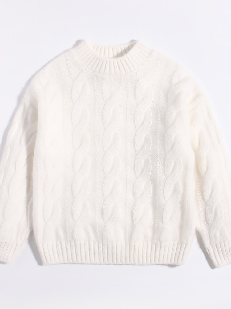 Classic Cable Knit Cashmere Crewneck Sweater for Boys and Girls